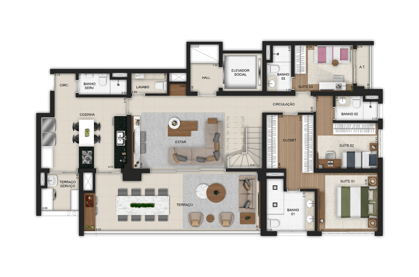 Duplex (3 suítes) inferior - Final 4 - *Metragem do apto superior + inferior + depósito