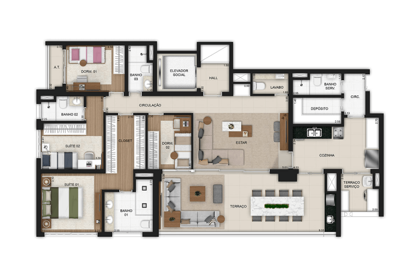 4 dorms. (2 suítes) - Final 1 - *Metragem do apto + depósito