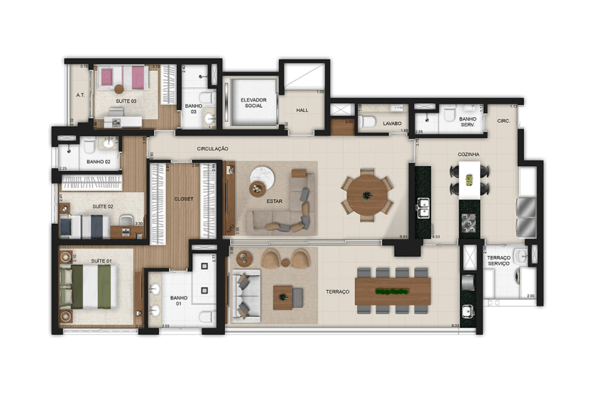 4 dorms. (2 suítes) opção 3 suítes com living e cozinha ampliados - Final 1 - *Metragem do apto + depósito