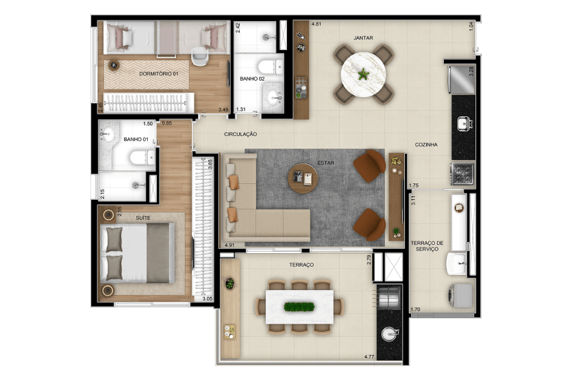 Opção de planta de 2 dorms. (1 suíte) - Final 1 - 3° ao 22° pav. - 87 m²