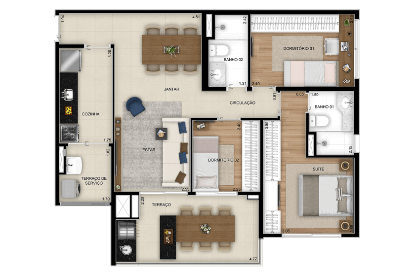 Planta de 3 dorms. (1 suíte) - Final 2 - 3° ao 22° PAV. - 81 m²