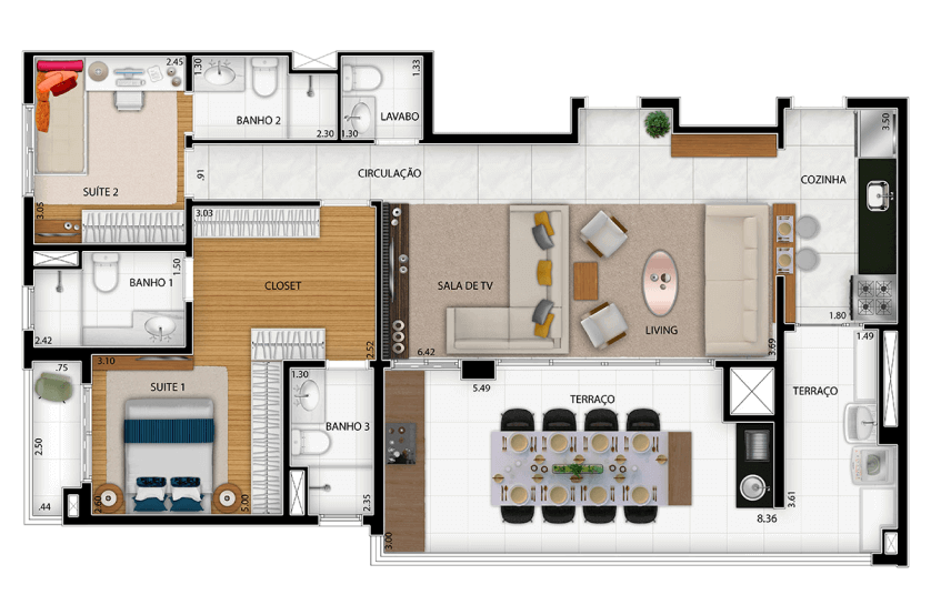 3 suítes - 110m² - Opção 2 suítes living ampliado - Torre A - Final 2