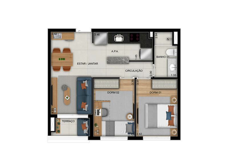 2 dorms. 50m² - finais 4 a 8