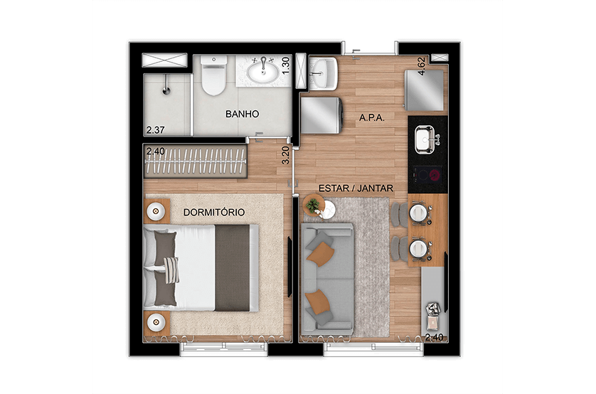 Living do apto de 1 suíte residencial - 26m² - Final 1 (Perspectiva artística)