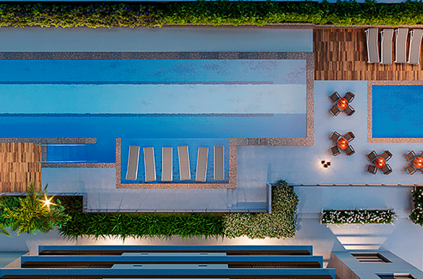 Piscina adulto com raia de 25m, infantil, solarium e deck molhado (Perspectiva artística)