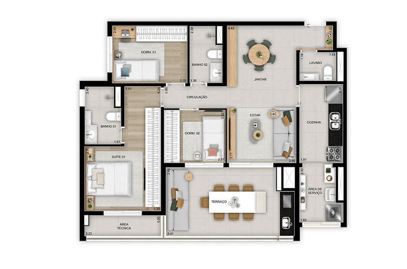 3 dorms. (1 suíte) com lavabo - 98m² - Torre 2 - Finais 1, 4, 5 e 8 