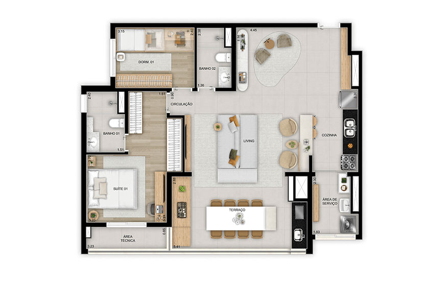 2 dorms. (1 suíte) - Opção ampliada - 98m² - Torre 2 - Finais 1, 4, 5 e 8 