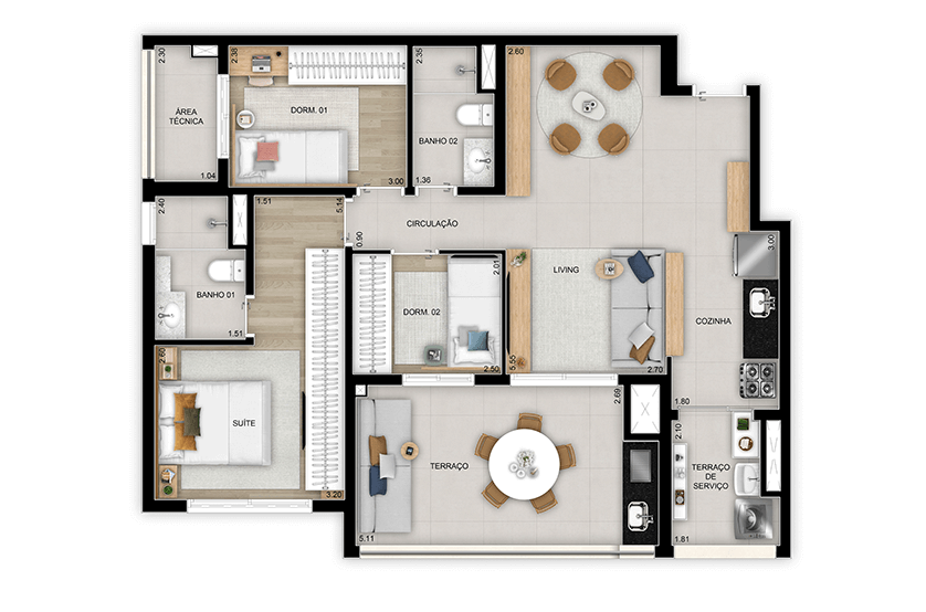 3 dorms. (1 suíte) - 89m² - Torre 1 - Finais 1, 2, 5 e 6