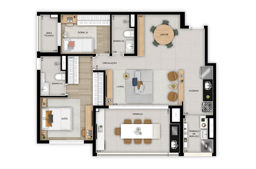 2 dorms. (1 suíte) - Opção ampliada - 89m² - Torre 1 - Finais 1, 2, 5 e 6