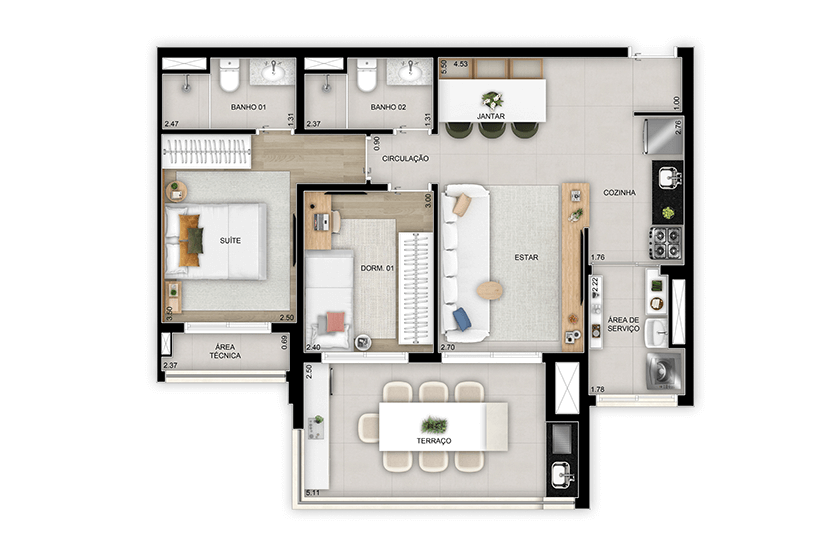 2 dorms. (1 suíte) - 75m² - Torre 2 - Finais 2, 3, 6 e 7