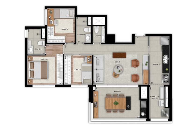 3 dorms. (1 suíte) com lavabo - 95m² - Final 2, Torre 1 (Perspectiva artística)