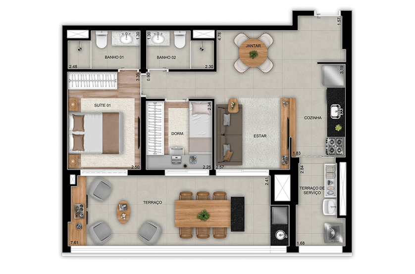 2 dorms. (1 suíte) - 75m² - Final 7, Torre 1 (Perspectiva artística)