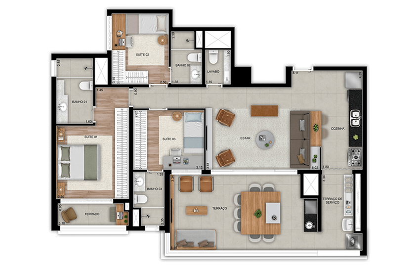 3 suítes com lavabo - 119m² - Final 1, Torre 1 (Perspectiva artística)