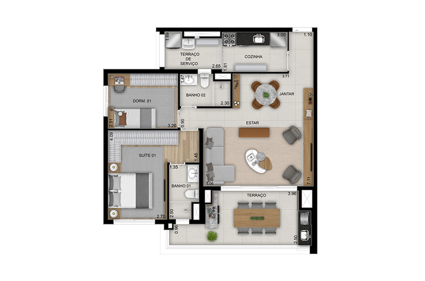 Planta opção ampliada 2 dorms. (1 suíte) 91m² - Final 1