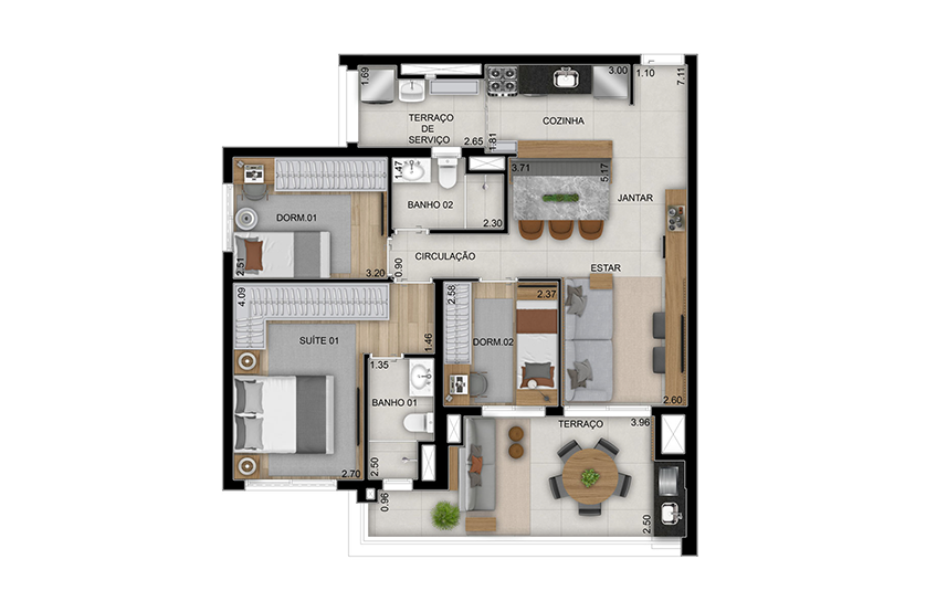 Planta 3 dorms. (1 suíte) - 91m² - Final 1