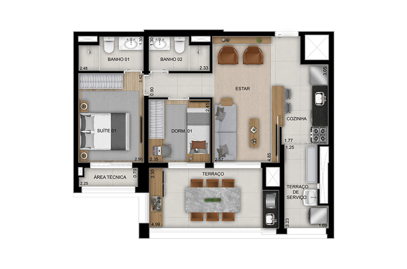 Planta 2 dorms. (1 suíte) - 71m² - Final 2