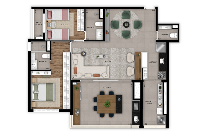 Planta opção 2 suítes – 102m² - Final 2 – Torre 1 (Perspectiva artística)