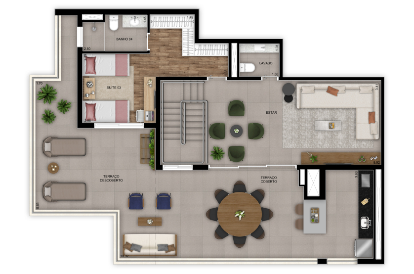 Planta 3 suítes – duplex superior – 245m² - Finais 4 e 5 – Torre 1 (Perspectiva artística)