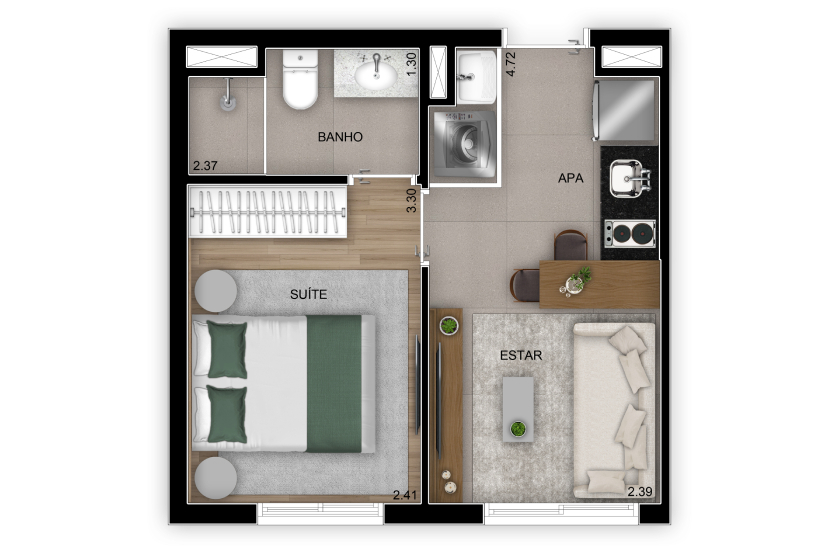 Planta 1 suíte – 26m² - Residencial - Finais 5 e 8 – Torre 2 (Perspectiva artística)