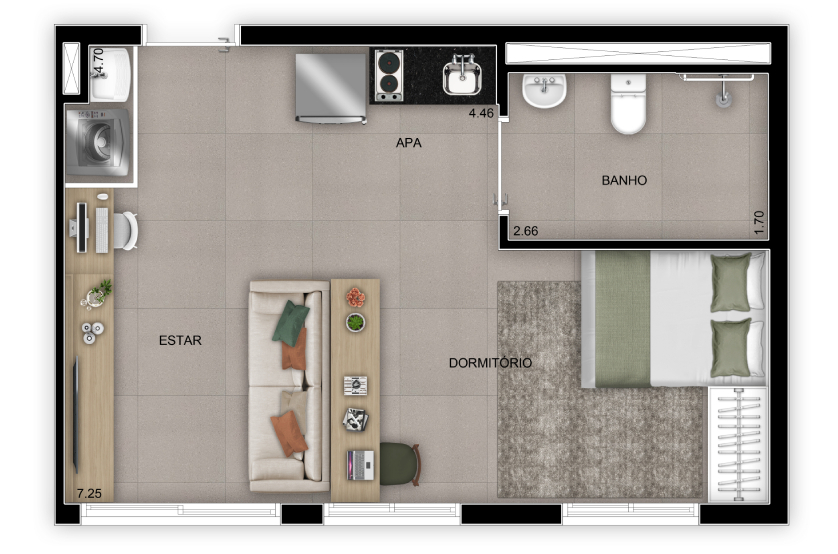 Planta opção Studio – 38m² - NR – Finais 2, 9, 10 e 11 – Torre 2 (Perspectiva artística)