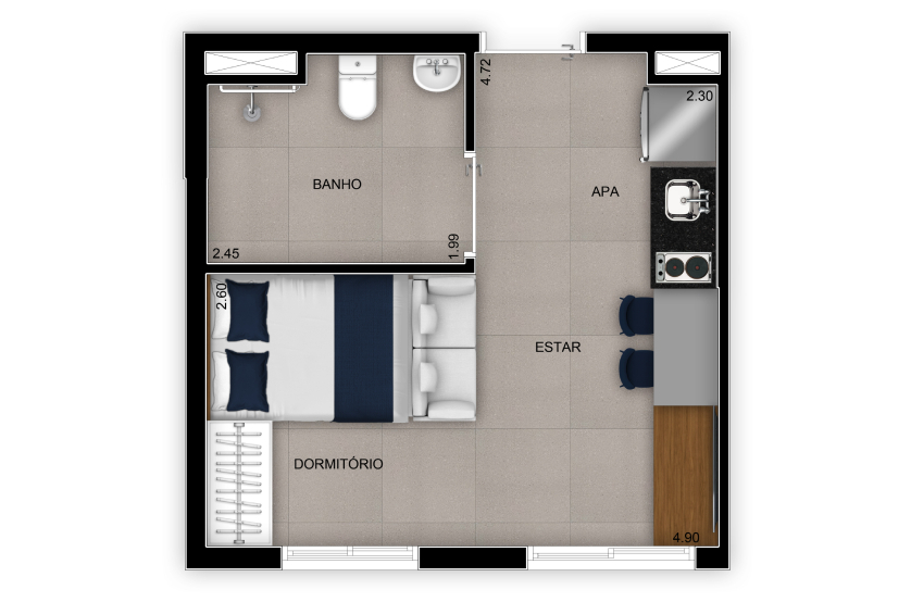 Planta Studio – 25m² - NR - Finais 4 e 8 – Torre 2 (Perspectiva artística)