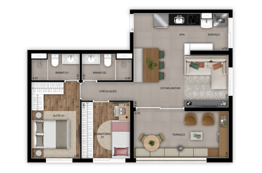 Planta 2 dorms. – 67m² - Finais 1 – torre 2 (Perspectiva artística)