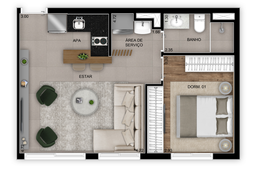 Planta opção 1 dorm. living ampliado – 38m² - Residencial – Finais 9 e 11 – Torre 2 (Perspectiva artística)