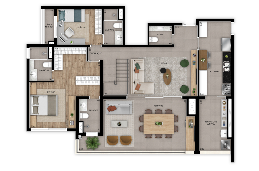 Planta 3 suítes – duplex inferior – 245m² - Finais 4 e 5 – Torre 1 (Perspectiva artística)