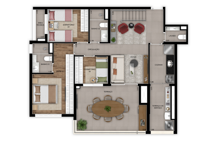 Planta 3 dorms – duplex inferior – 201m² - Finais 1 e 2 – Torre 1 (Perspectiva artística)