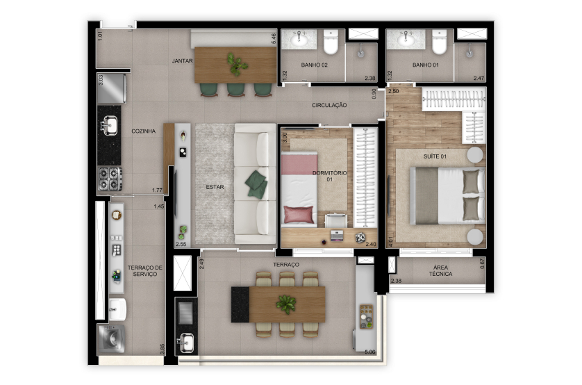 Planta 2 dorms. (1 suíte) – 79m² - Final 3 – torre 1 (Perspectiva artística)