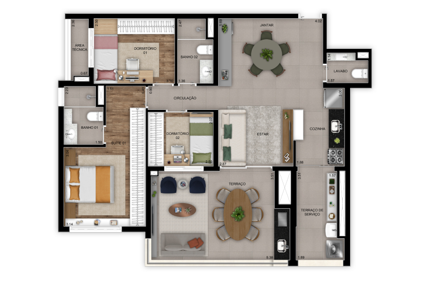 Planta 3 dorms. (1 suíte) – 102m² - Final 2 – torre 1 (Perspectiva artística)