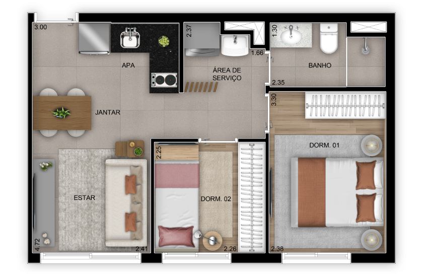 Planta 2 dorms – 38m² - Residencial – Finais 9 e 11 – Torre 2 (Perspectiva artística)