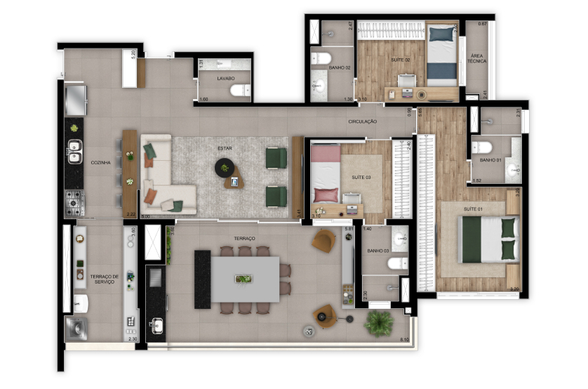 Planta 3 suítes – 128m² - Final 5 – Torre 1 (Perspectiva artística)