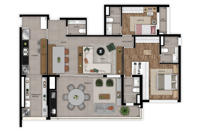 Planta opção 2 suítes Banheiros Sr. e Sra. – 128m² - Final 5 – Torre 1 (Perspectiva artística)