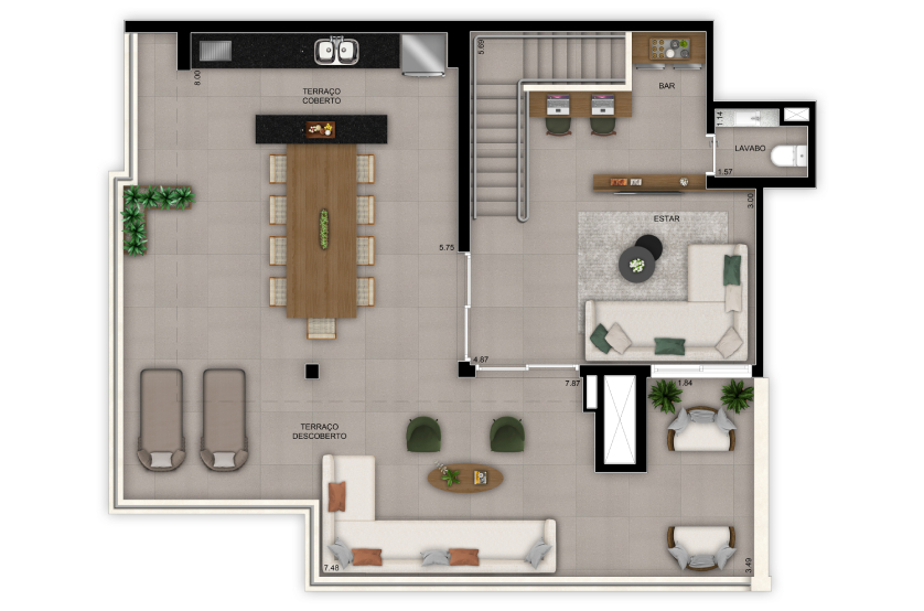 Planta 3 dorms. – duplex superior – 201m² - Finais 1 e 2 – Torre 1 (Perspectiva artística)