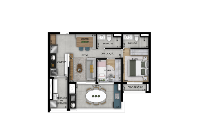 2 dorms. (1 suíte) 69m² - Torre 1, finais 4, 8 e 9  (Perspectiva artística)