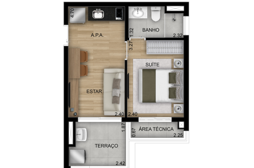 1 suíte 34m² - Torre 2, final 1 (Perspectiva artística)