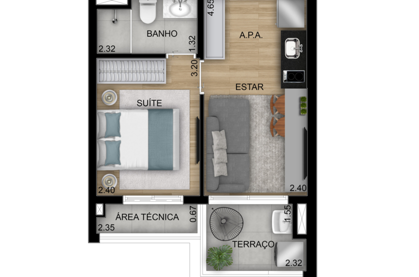 1 suíte 32m² - Torre 2, finais 2, 3, 8 e 11  (Perspectiva artística)