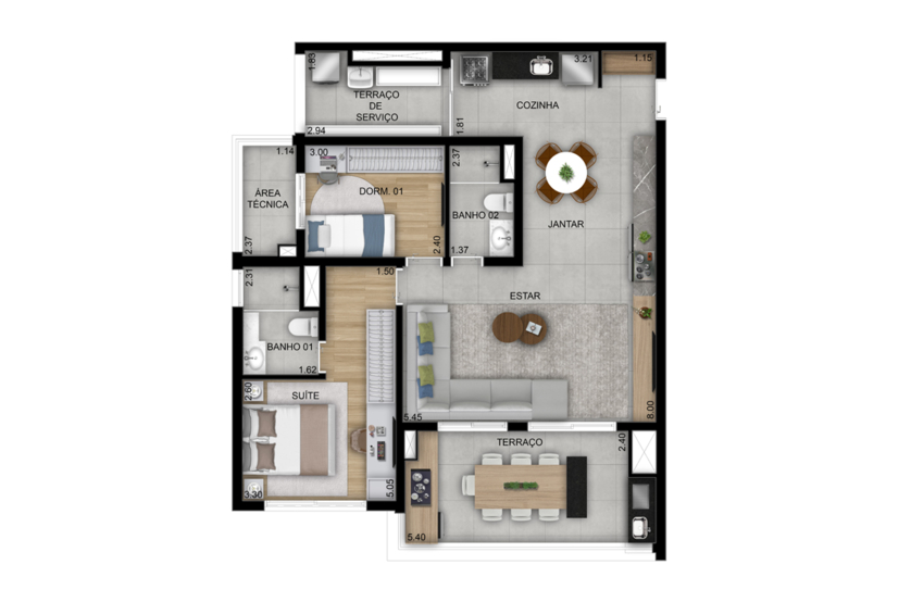 Opção 2 dorms. (1 suíte) 94m² - Torre 1, finais 5 e 10  (Perspectiva artística)