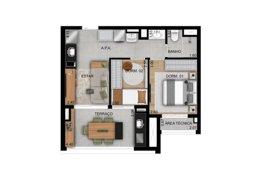 2 dorms. 48m² - Torre 2, finais 4, 5, 6, 7, 12, 13, 14 e 15  (Perspectiva artística)