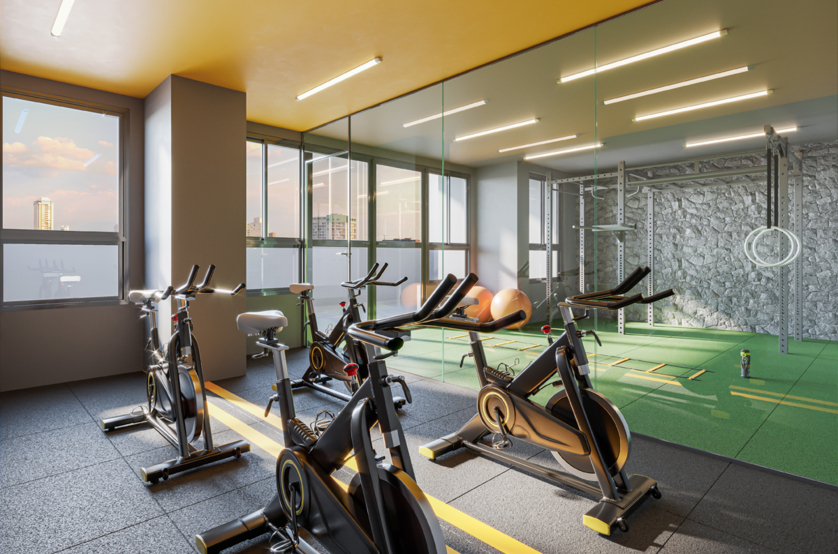 Espaço funcional com bike indoor e terraço com 80m² (Perspectiva artística)