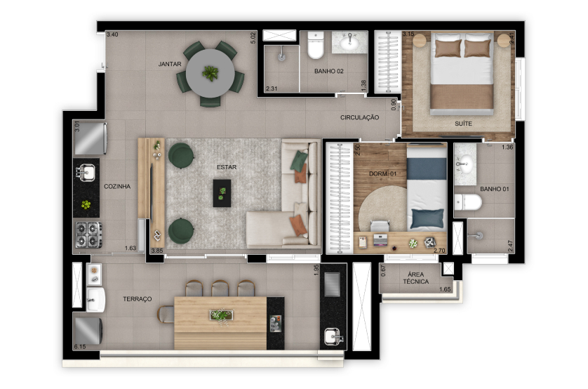 Opção living ampliado 2 dorms. (1 suíte) - 69m² - Torre 1 - Final 6 (Perspectiva artística)