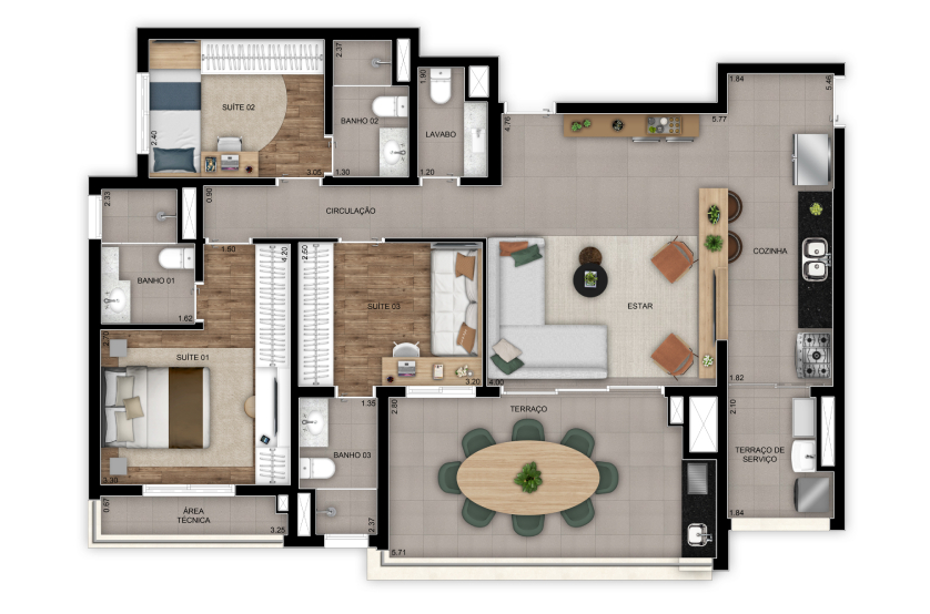 Planta 3 suítes - 110m² - Torre 2 - Final 5 (Perspectiva artística)