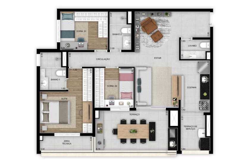 Planta 3 dorms. (1 suíte) - 96m² - Torre 2 - Final 1 (Perspectiva artística)