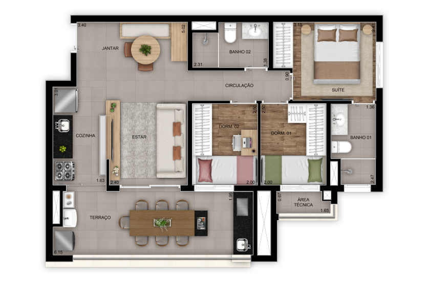 Planta 3 dorms.(1 suíte)  – 69m² - Torre 1 - Final 6 (Perspectiva artística)