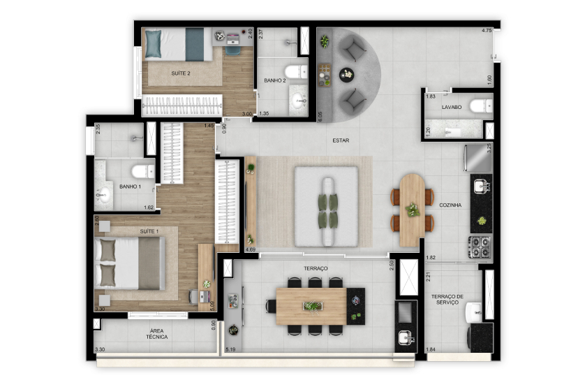 Opção living ampliado - 2 dorms. (2 suítes) - 96m² - Torre 2 - Final 1 (Perspectiva artística)