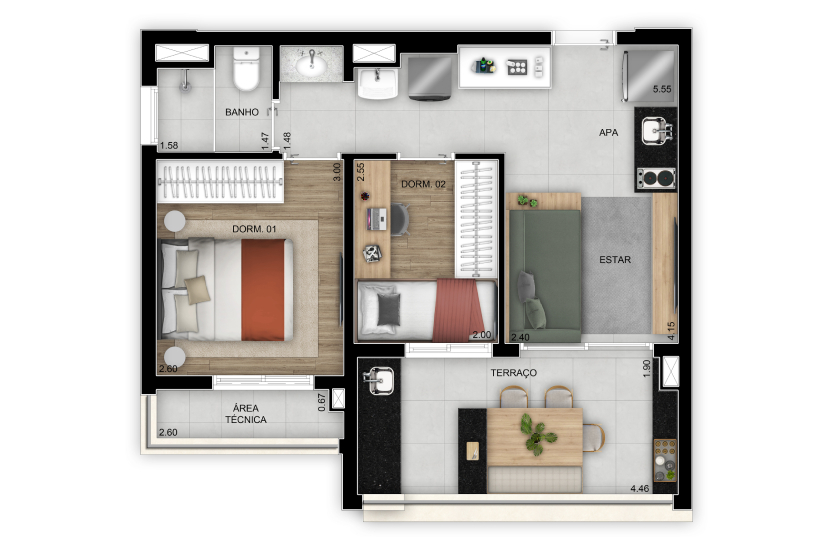 Planta 2 dorms. – 47m² - Torre 1 - Final 4 (Perspectiva artística)