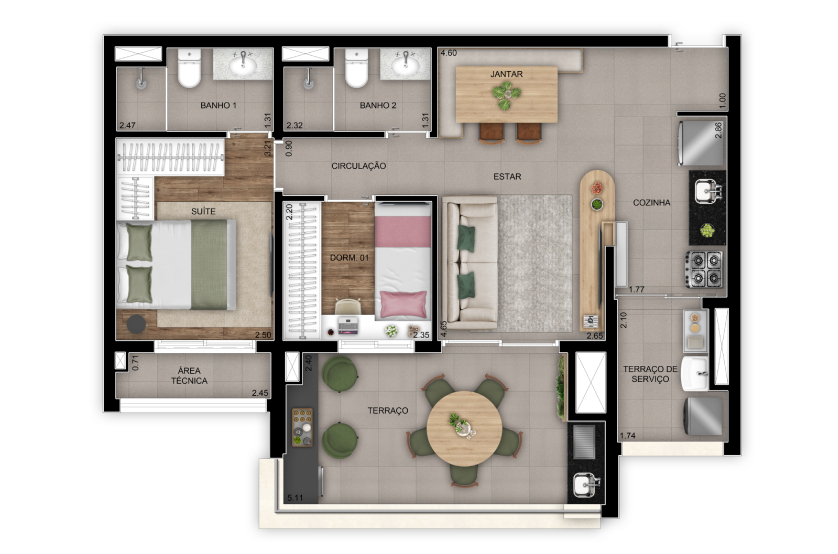 Planta 2 dorms. (1 suíte) - 69m² - Torre 2 - Final 7 (Perspectiva artística)