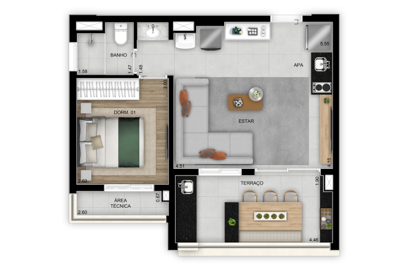 Opção living ampliado 1 dorm. - 47m² - Torre 1 - Final 4 (Perspectiva artística)