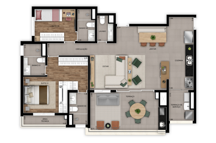 Opção living ampliado - 2 suítes - banheiros sr. e sra. - 110m² - Torre 2 - Final 5 (Perspectiva artística)